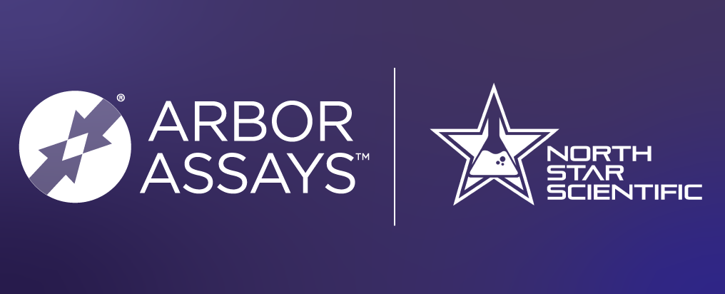 Arbor Assays Logo in white and North Start Scientific in white on a purple background