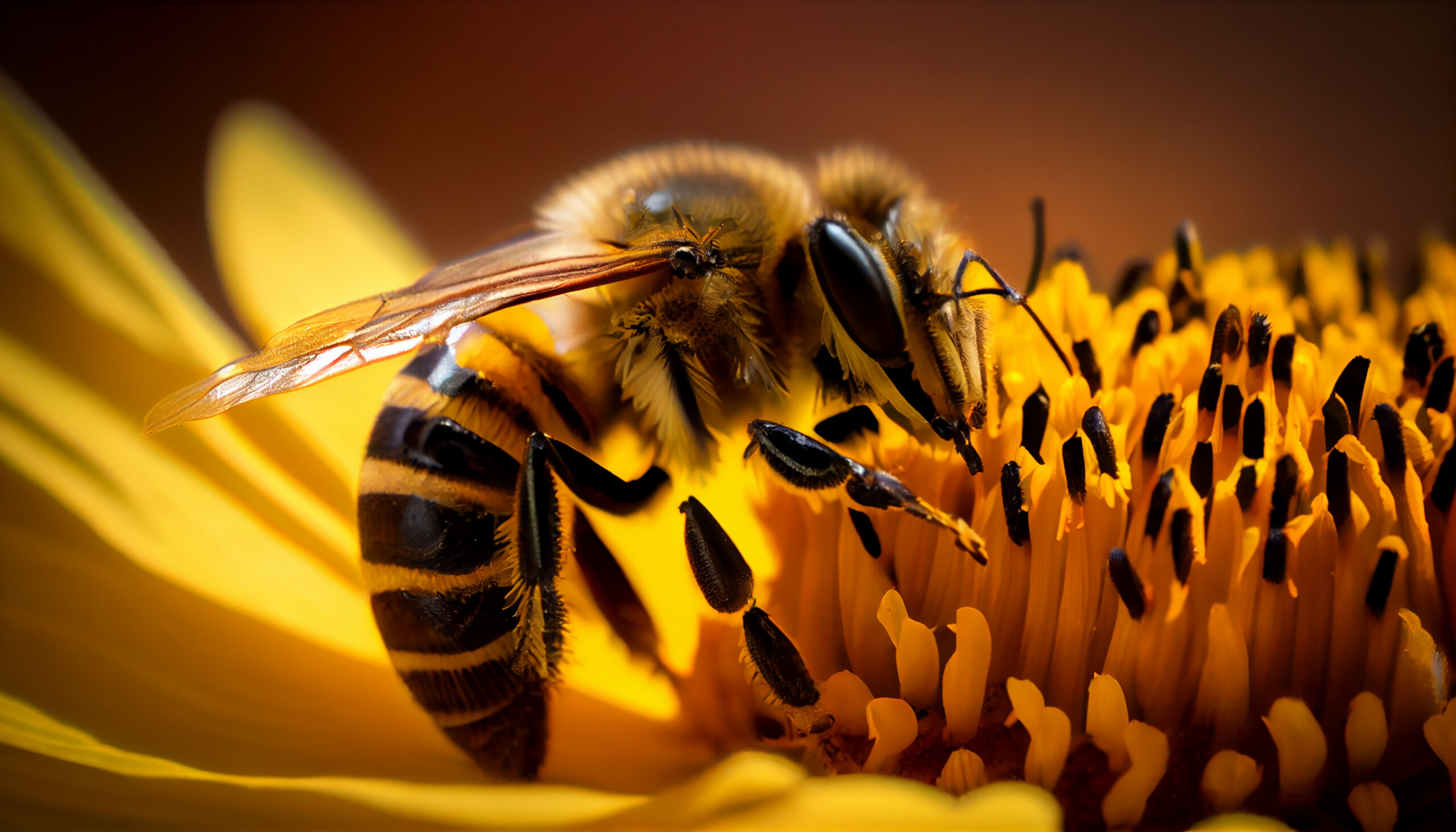 Closeup of a bee pollinating a yellow flower.