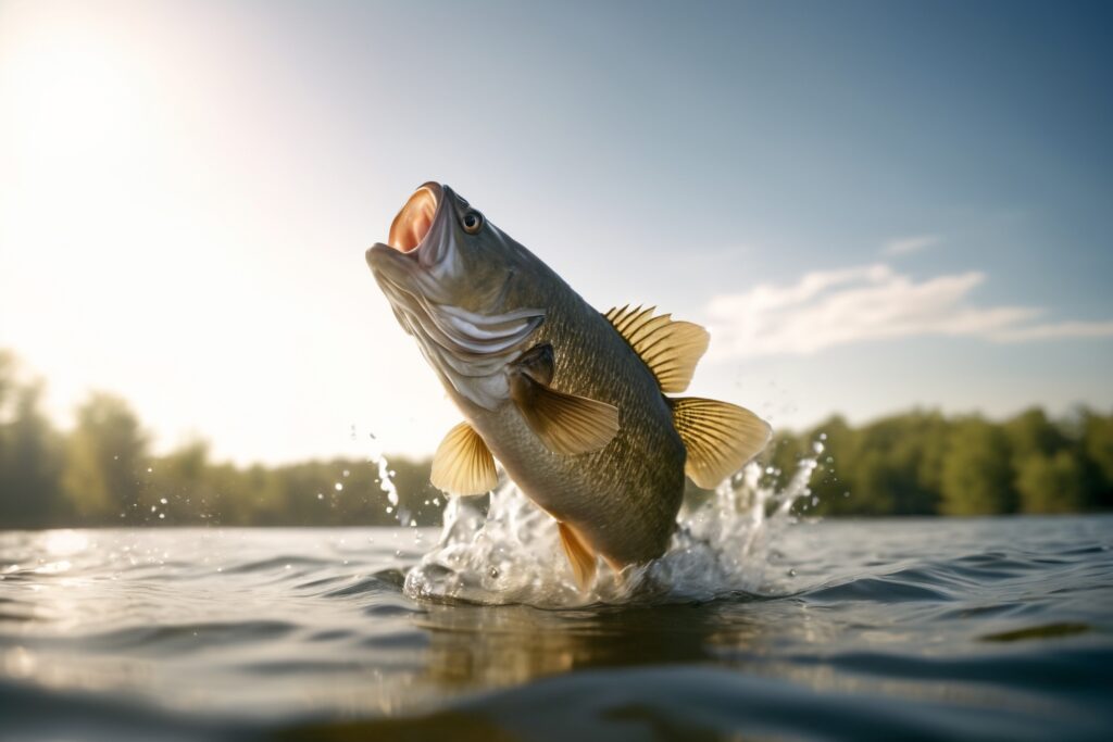 Large mouth bass fish jumping out of water